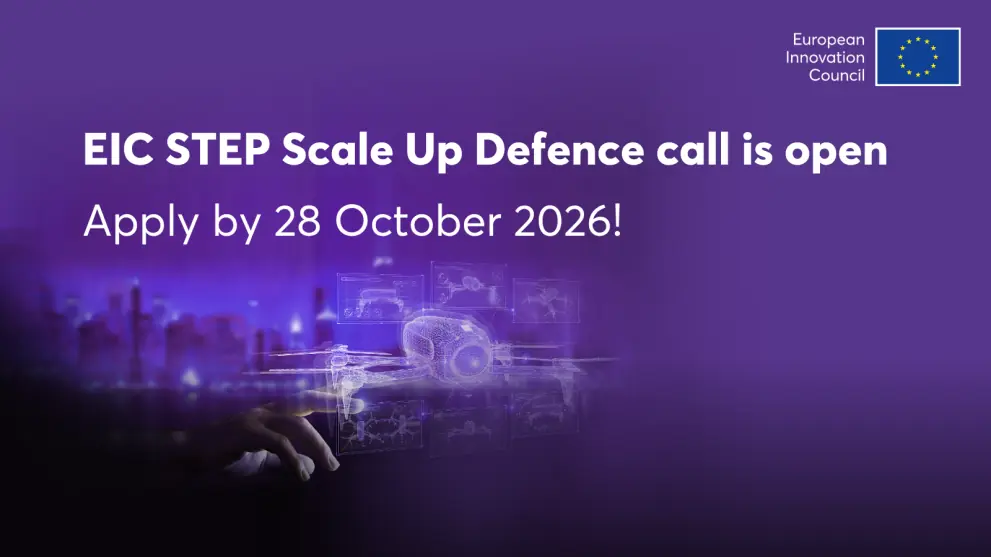 Logotyp och grafik för EIC STEP Scale Up Defence-utlysningen